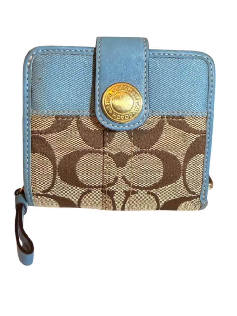 Coach Khaki Signature Blue Strim Leather Zip-Around Credit Card Wallet